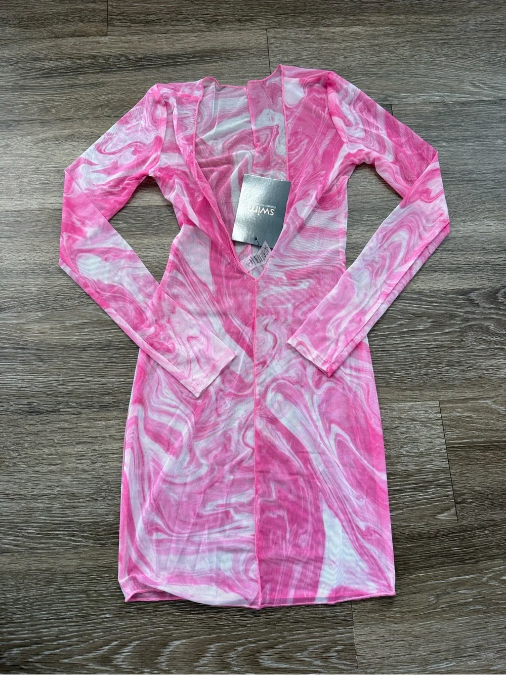 Naked Wardrobe Back on the Low Swim Cover-Up Dress Pink Marble Swirl Print